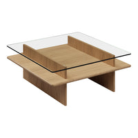 Modern square coffee table with a natural wood finish and a clear glass top, featuring clean lines and minimalistic design.