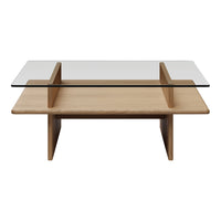 Natural wood coffee table with a sleek glass top, featuring minimalist design and clean lines.