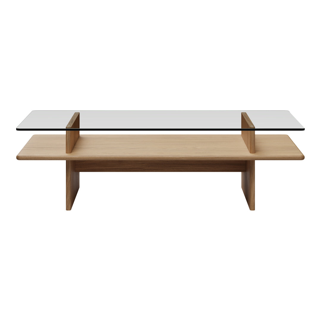 Natural wood coffee table with a sleek glass top, featuring clean lines and a minimalist design. Ideal for modern decor.