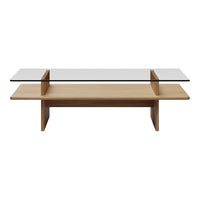 Natural wood coffee table with a sleek glass top, featuring clean lines and a minimalist design. Ideal for modern decor.