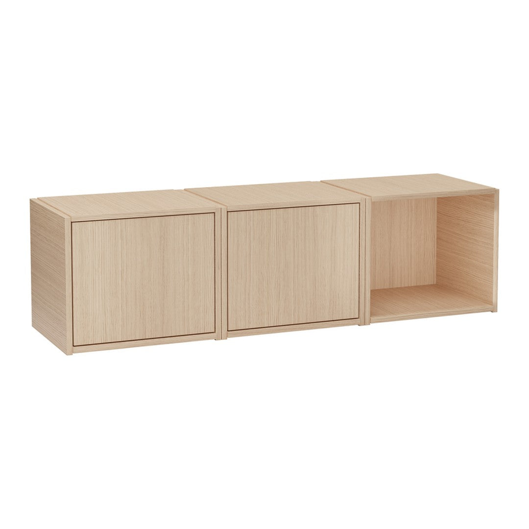 Light oak finish with a smooth texture; minimalist design featuring a combination of 2 closed and 1 open storage unit.