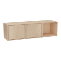 Light oak finish with a smooth texture; minimalist design featuring a combination of 2 closed and 1 open storage unit.