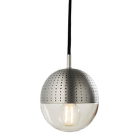 Silver perforated pendant light with a clear glass bottom, mounted on a black cord for modern elegance.