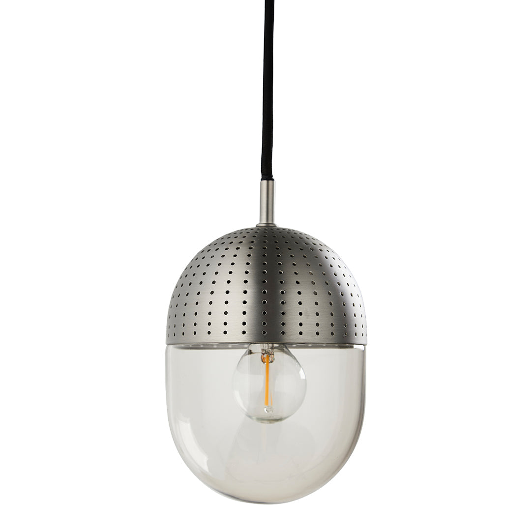 Sleek silver and clear glass pendant light with perforated metal pattern and exposed bulb design. Modern and stylish.