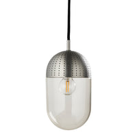 Sleek silver pendant lamp with a perforated dome and smooth glass body in crisp white. Ideal for modern decor.