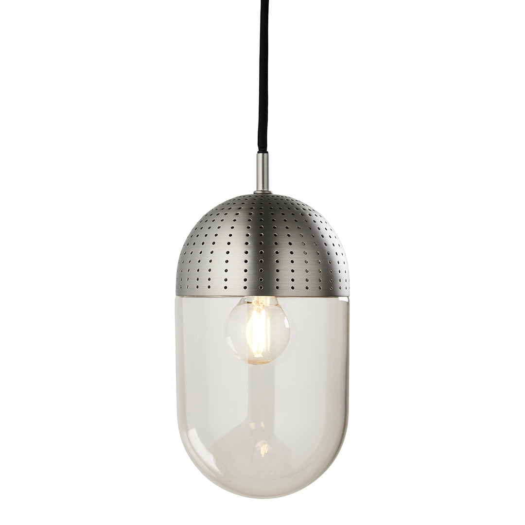 Sleek silver metal and clear glass pendant lamp with a perforated design and black cord. Perfect modern lighting accent.