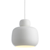 White pendant lamp with a smooth, rounded shape and soft yellow glow. Minimalist design for modern decor.