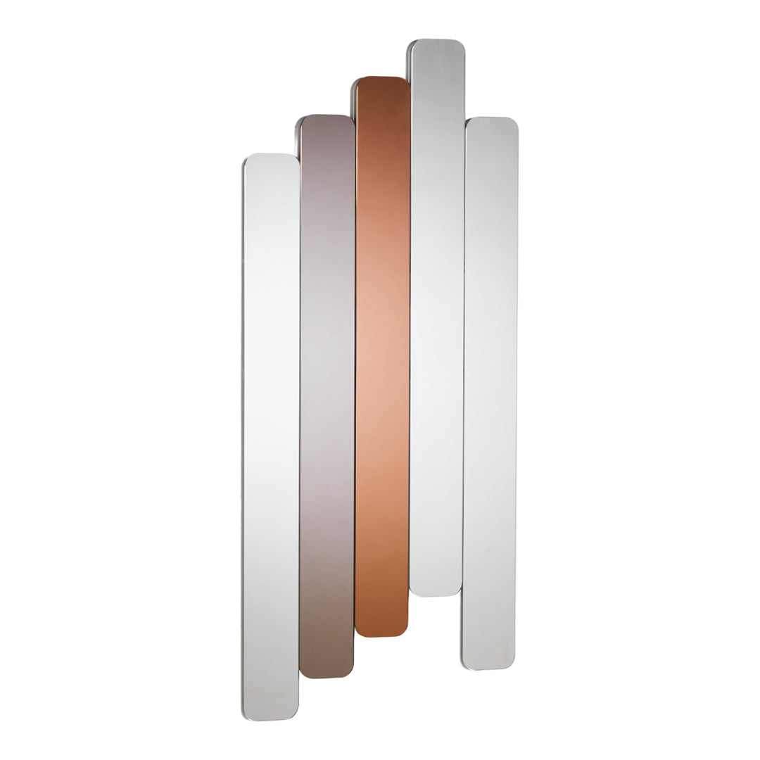 "Modern wall decor featuring a mix of white, beige, light brown, and copper tones in a sleek vertical design."