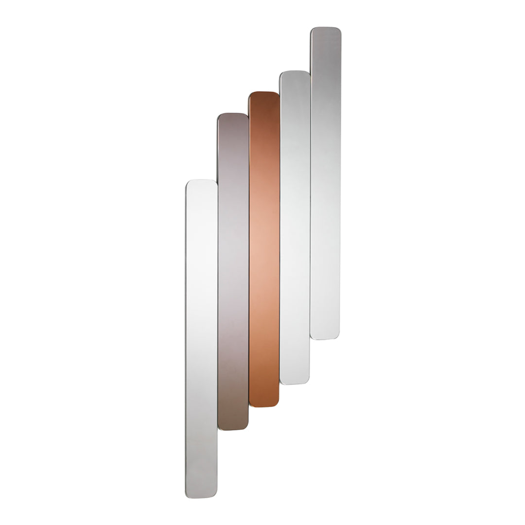 "Striking vertical color palette with shades of white, beige, rose gold, and silver, featuring smooth, sleek patterns."