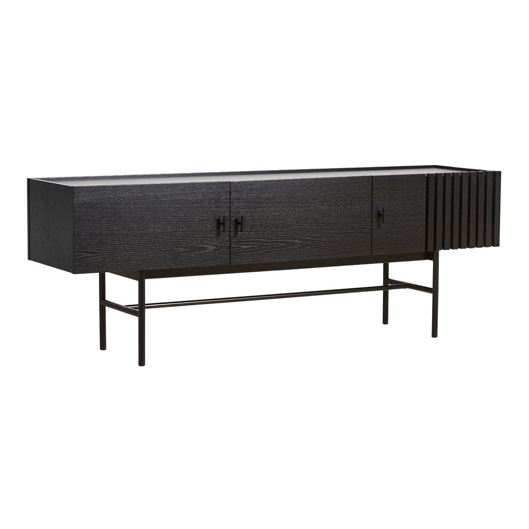 Black wooden sideboard with a textured finish and sleek, modern design; features horizontal and vertical panel patterns.