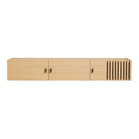 Light natural wood TV cabinet with a smooth finish, featuring horizontal paneling and slatted details.