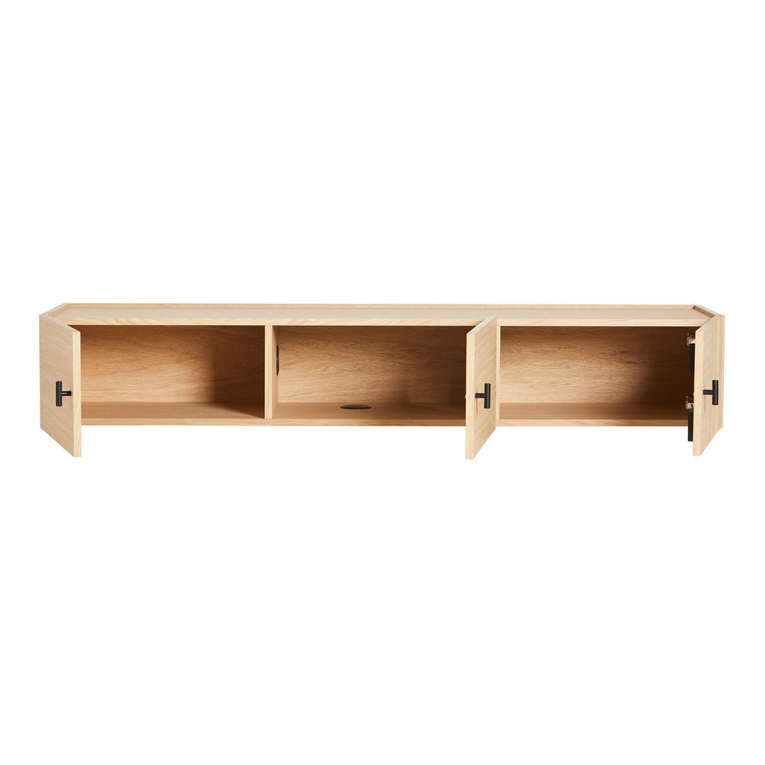 Light natural wood shelf with clean lines and minimalistic design, featuring three open compartments and black hardware.