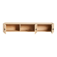 Light natural wood shelf with clean lines and minimalistic design, featuring three open compartments and black hardware.