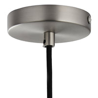Brushed metal ceiling mount with sleek black hanging cord, perfect for modern decor.