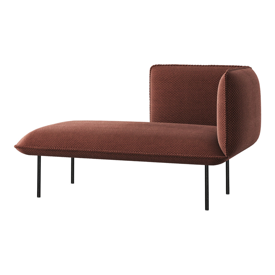 "Modern brown chaise lounge with sleek black legs, featuring a smooth texture and minimalist design."