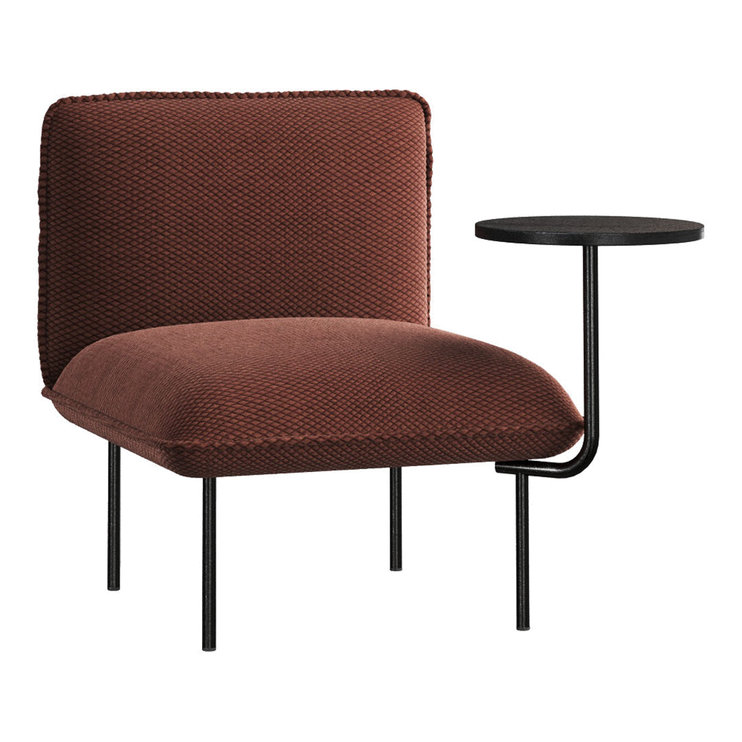 Rustic brown textured chair with sleek black metal frame and side table, perfect for modern interior decor.