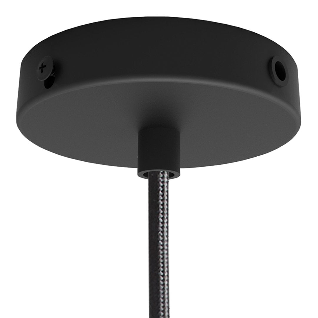 Black round ceiling mount with a textured cord, perfect for modern lighting designs.