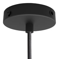 Black round ceiling mount with a textured cord, perfect for modern lighting designs.