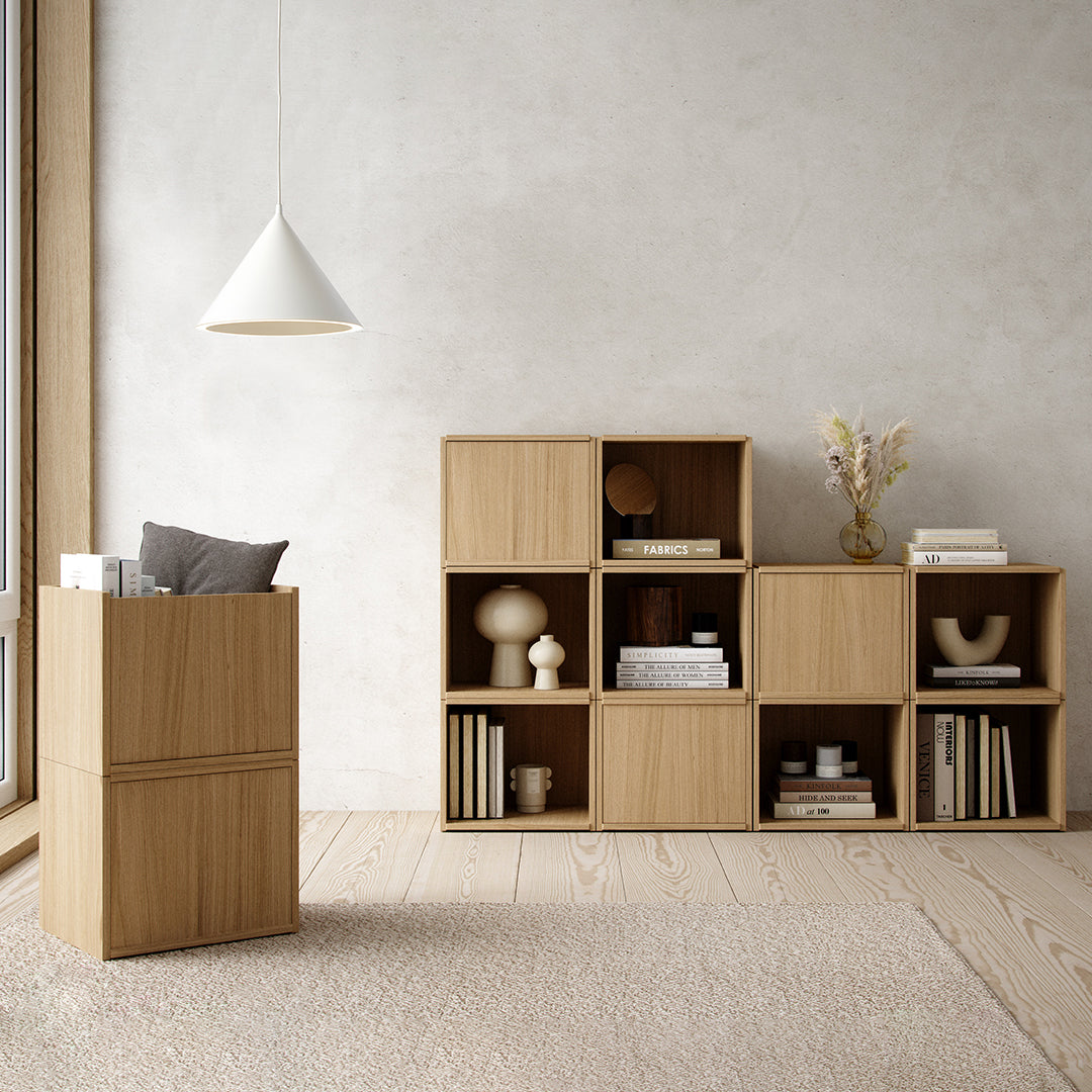 Natural oak wood furniture with minimalist design; features geometric patterns and soft neutral tones.