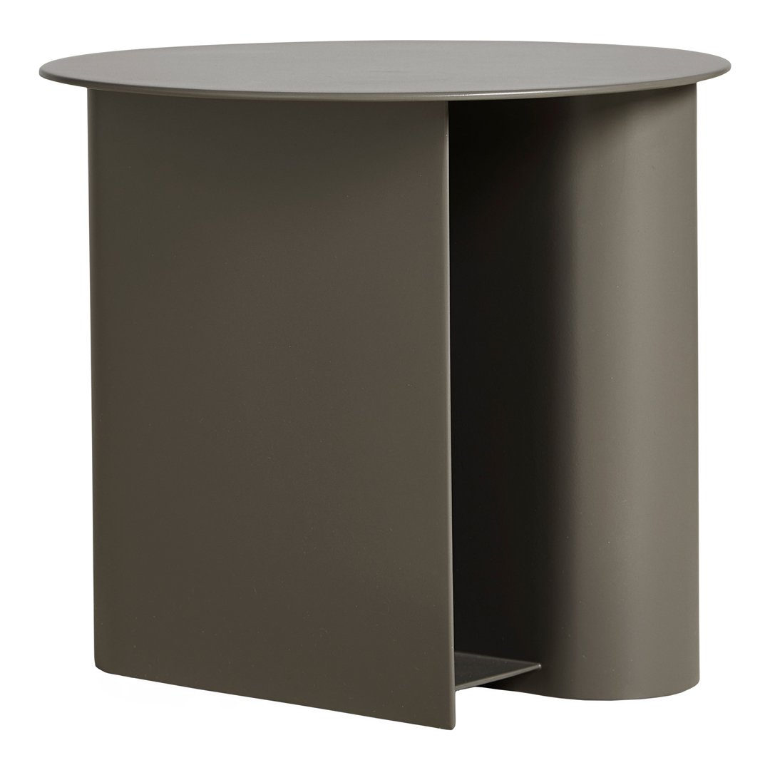 Round side table in a sleek, matte gray finish with smooth, minimalist design and a subtle geometric pattern.