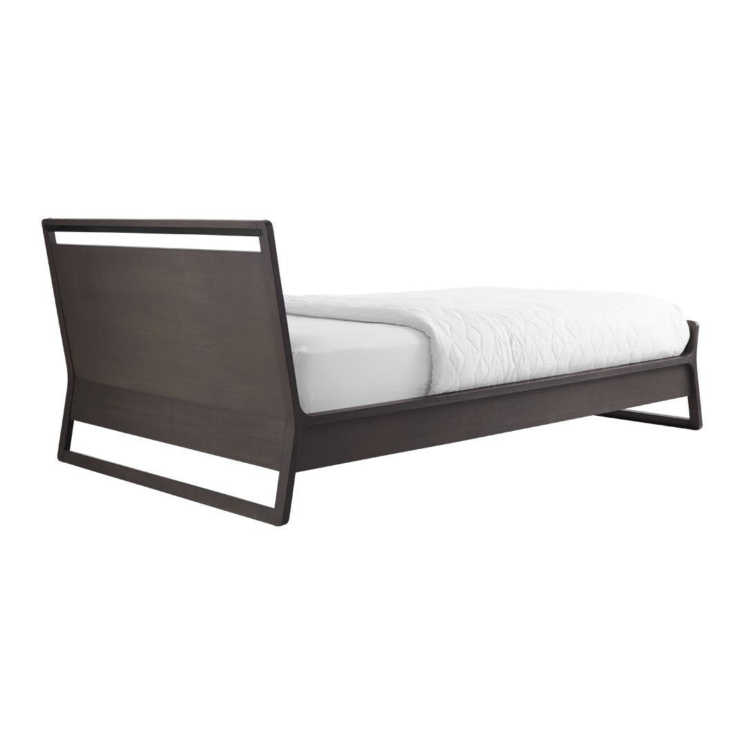 Dark brown wooden bed frame with clean lines and a minimalist design, featuring a subtle matte finish.
