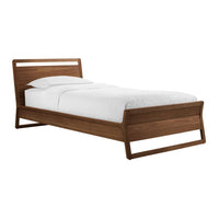 Classic walnut wood bed frame with a sleek, minimalist design and clean lines, accented by a crisp white mattress.