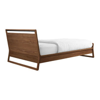 Modern wooden bed frame in rich walnut finish with a sleek, minimalist design and clean lines.