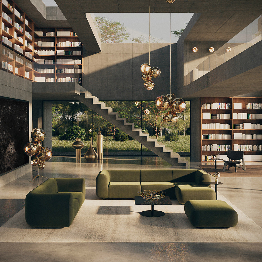 "Modern living room with green plush sofa, geometric patterns, and natural wood accents in a minimalist design."