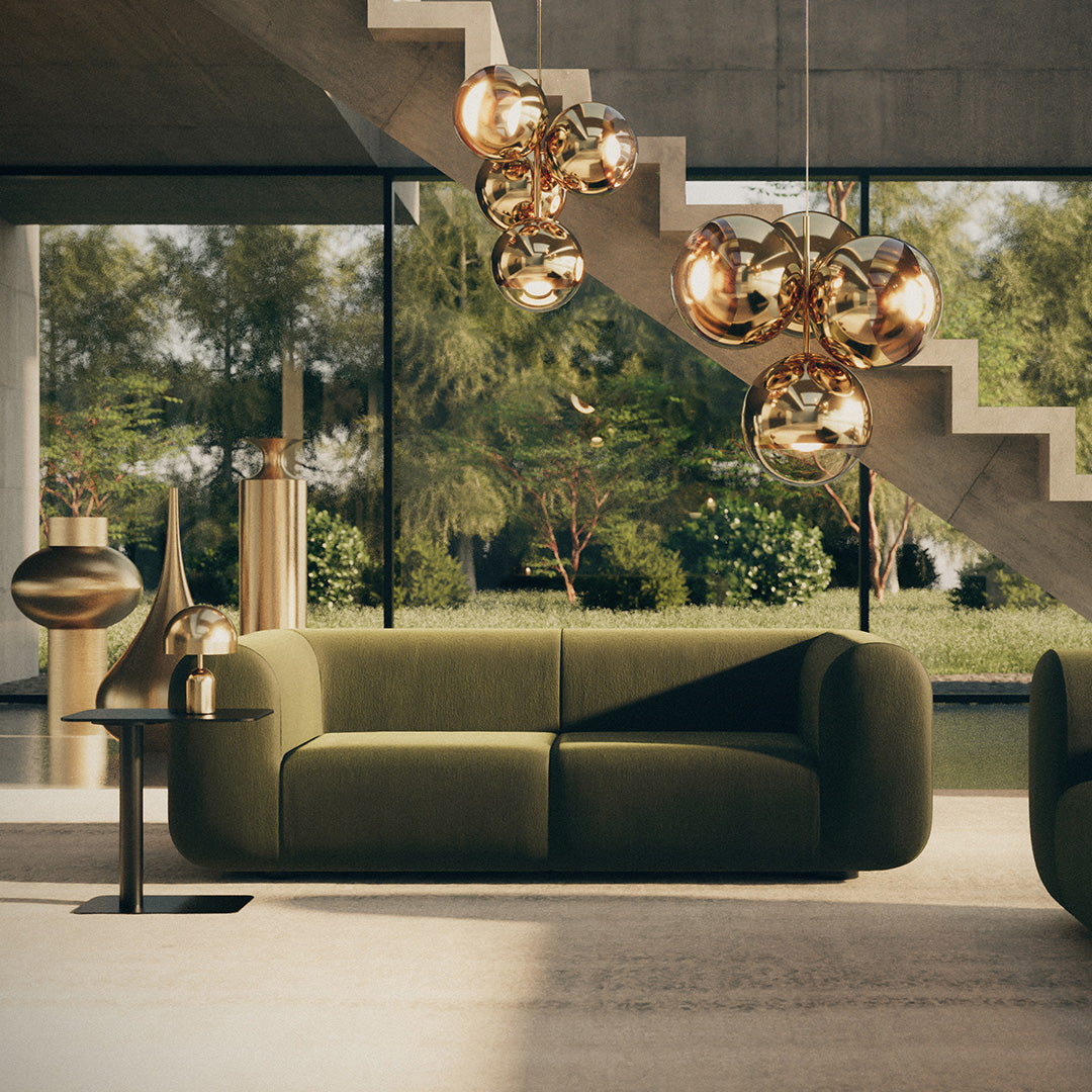 Modern green sofa in a stylish interior with warm gold lighting and sleek shapes, enhancing contemporary elegance.