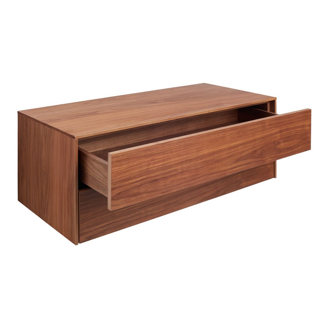 Wooden drawer cabinet in rich walnut finish with smooth, simple lines and no visible patterns. Perfect for modern decor.