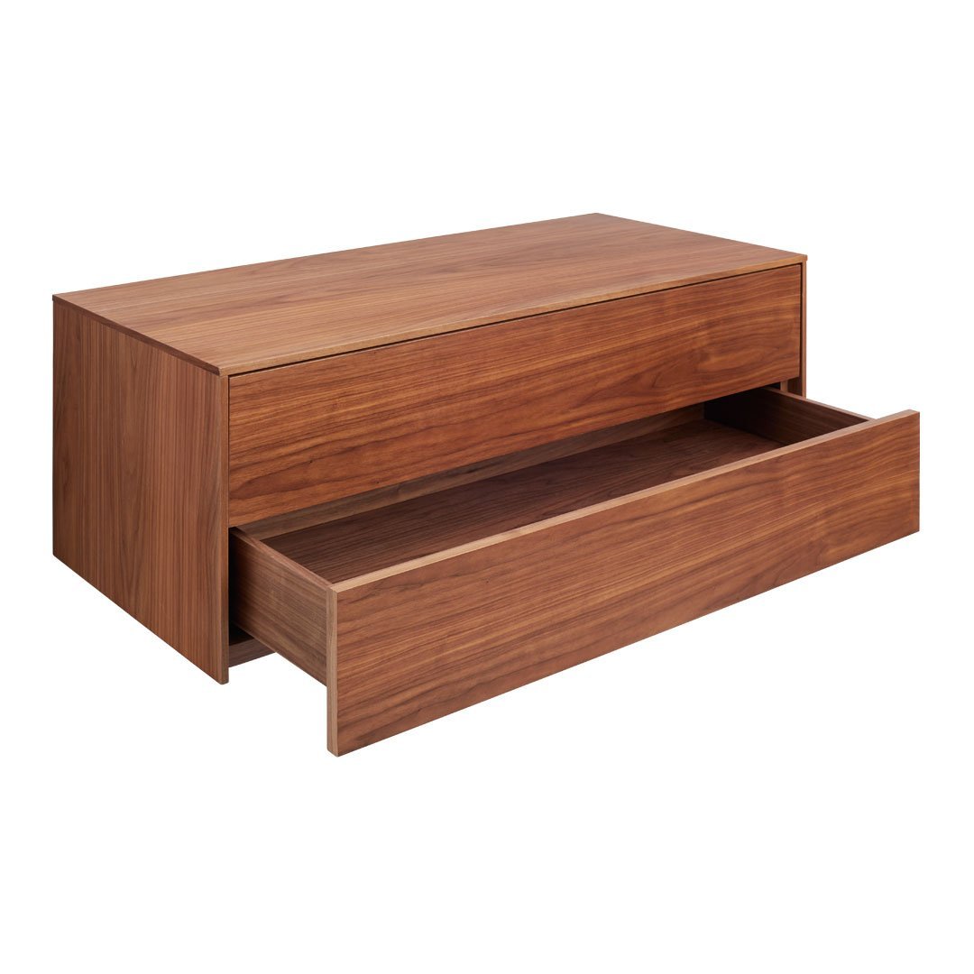 Wooden coffee table in rich walnut finish with smooth, modern lines and a minimalist design, featuring one open drawer.