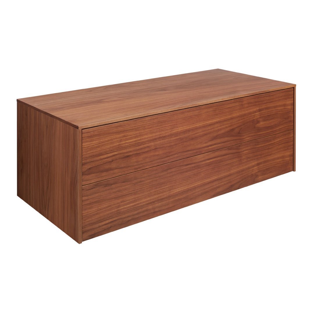 Wooden storage box in rich walnut finish with a smooth, sleek surface and minimalistic design. Ideal for modern decor.
