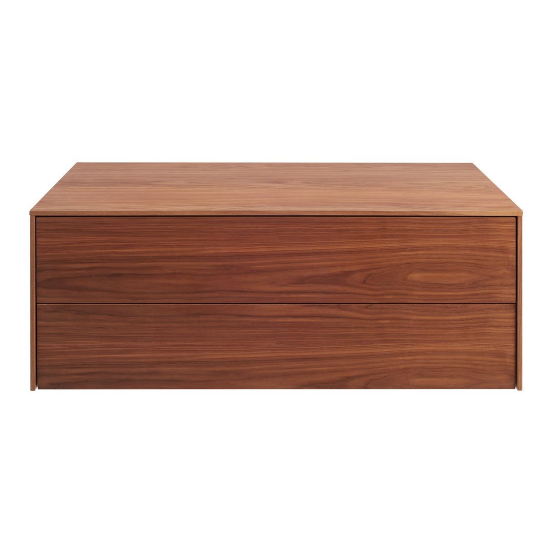 Wooden coffee table in rich walnut finish with smooth, minimalist design and no visible patterns.