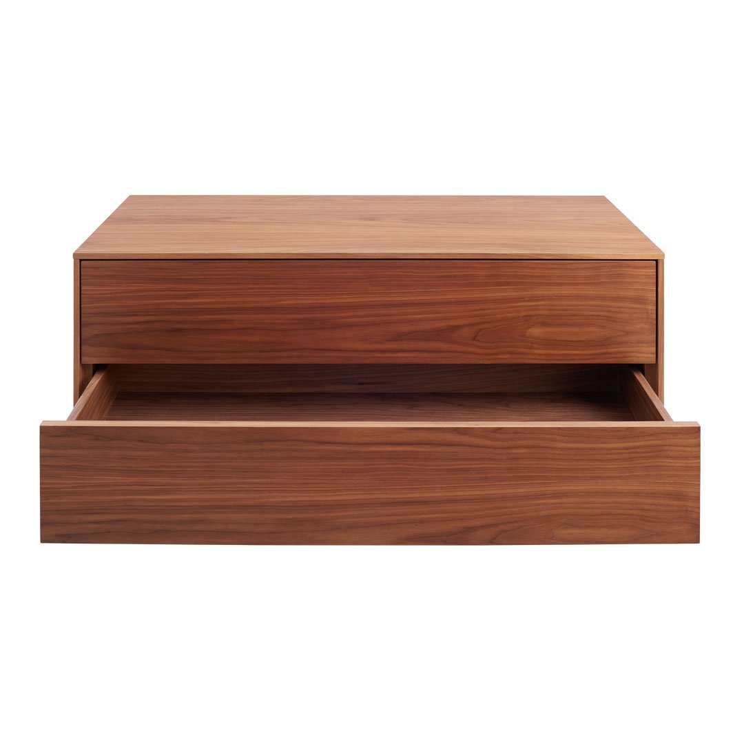 Wooden nightstand with a rich brown finish and sleek, minimalist design, featuring a single drawer.