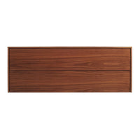 Wooden drawer front in rich walnut finish with sleek, horizontal grain pattern. Modern and minimalistic design.