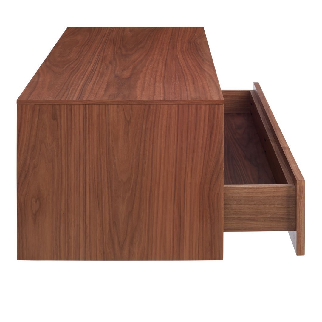 Modern walnut side table with a rich brown finish and a sleek design, featuring a smooth drawer.
