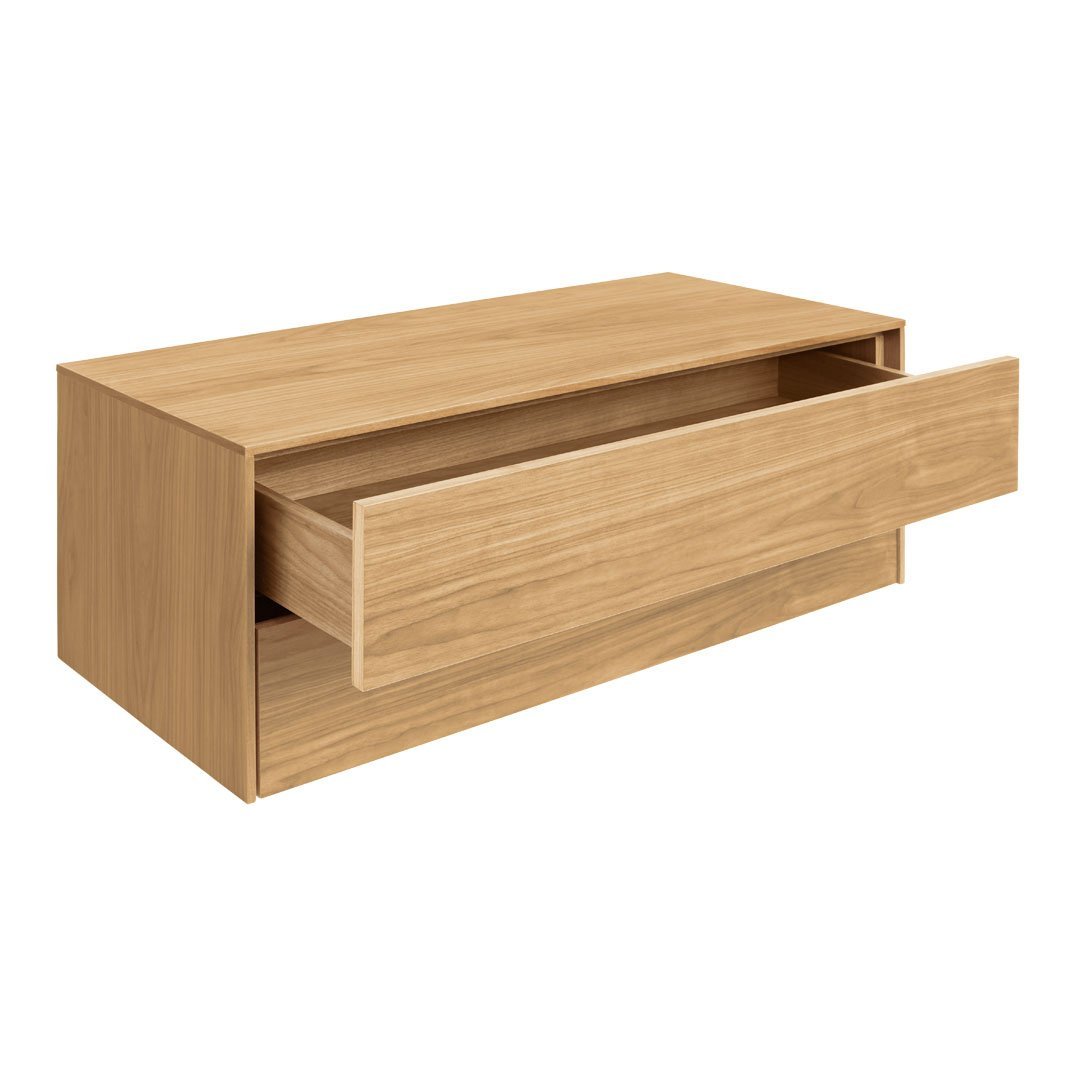 Light oak wood finish with a smooth, modern design and subtle grain pattern, featuring one open drawer.