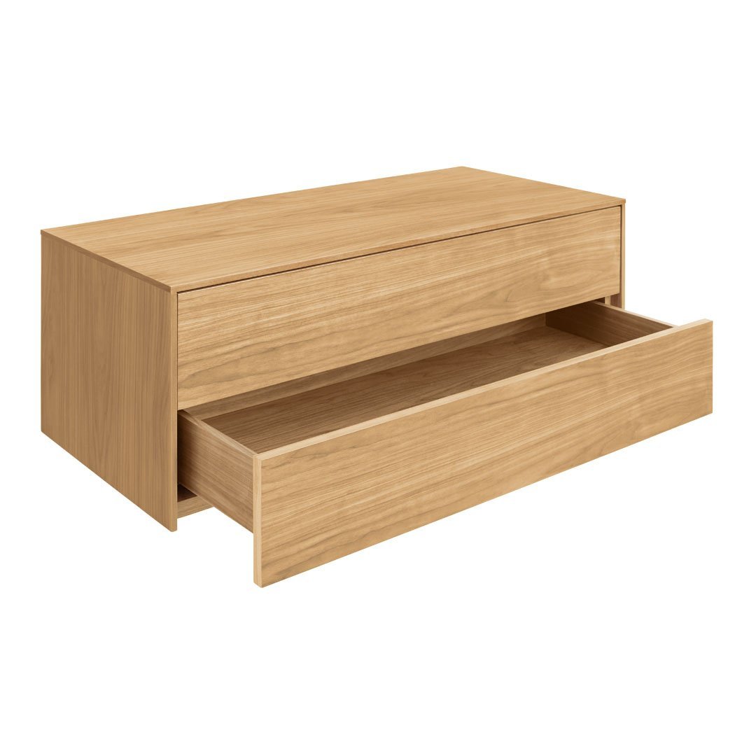 Light oak wood finish with a smooth, minimalist design featuring two spacious drawers.