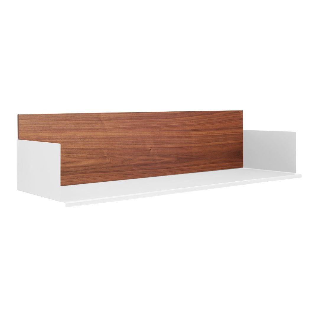 Minimalist white shelf with a sleek walnut wood panel, showcasing a contemporary design and smooth textures.