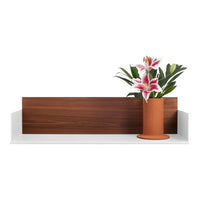 Wooden backdrop with rich brown hue, contrasting white surface, and vibrant pink and green floral arrangement.