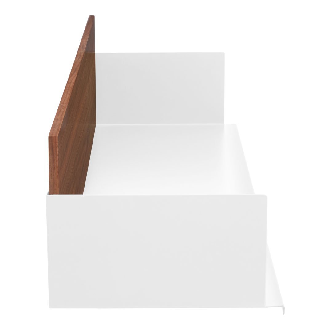 White minimalist frame with a rich brown wood accent, featuring a smooth, contemporary design.
