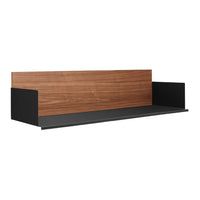 Modern bench with a rich walnut wood back and sleek black side panels, offering a stylish contrast.