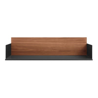 Wooden shelf with a rich walnut finish and sleek black metal accents, featuring a minimalist design.