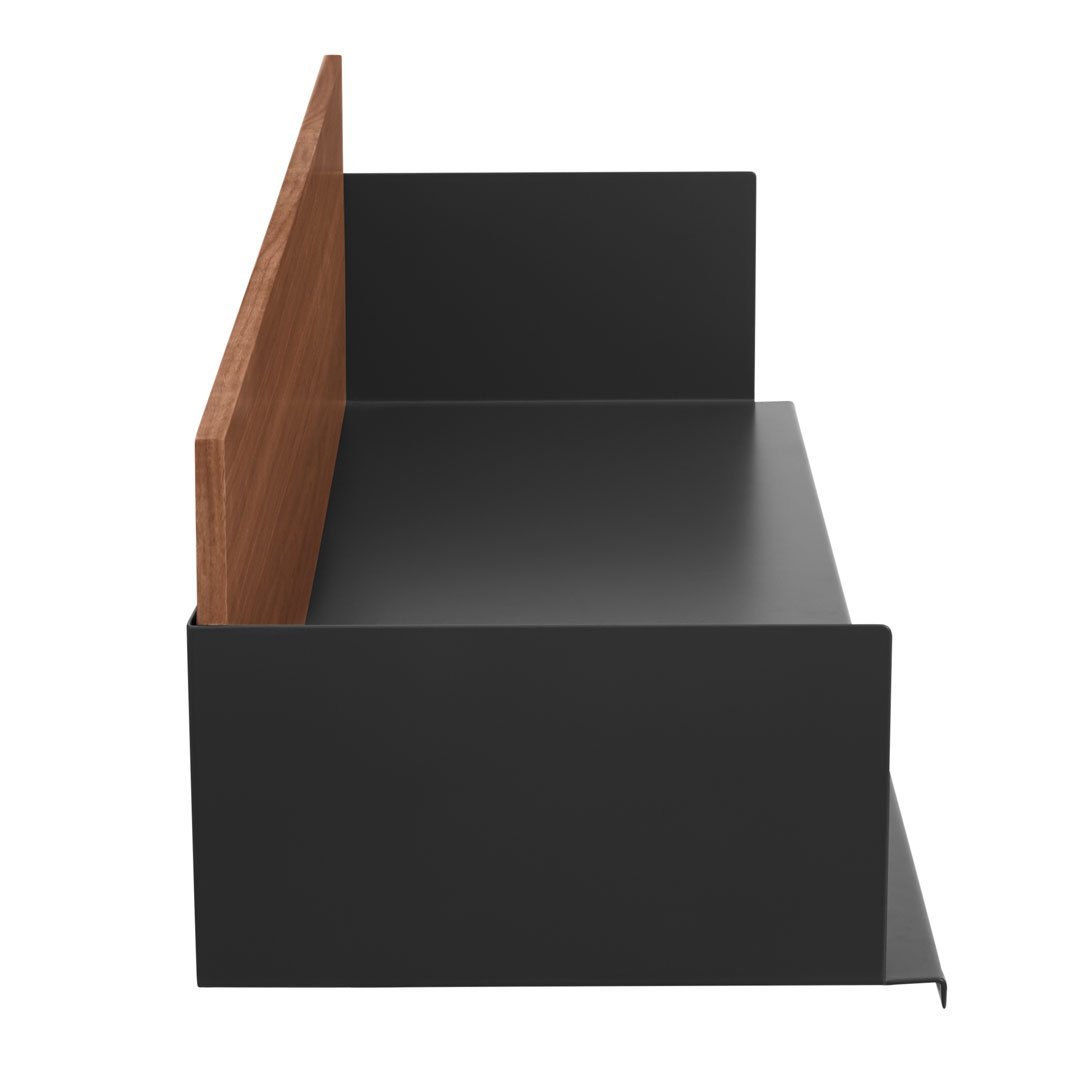 Black metal bench with rich wood back; modern design showcasing clean lines and a sleek, minimalist aesthetic.