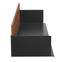 Black metal bench with rich wood back; modern design showcasing clean lines and a sleek, minimalist aesthetic.