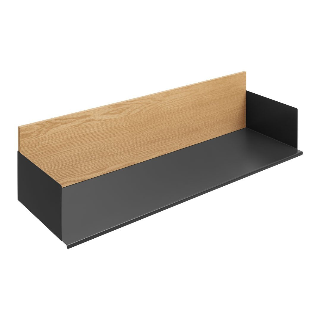 Modern black and natural wood shelf with a minimalist design, featuring a sleek surface and clean lines.