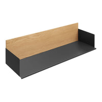 Modern black and natural wood shelf with a minimalist design, featuring a sleek surface and clean lines.
