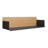 Stylish black and natural wood shelf with a minimalist design, featuring smooth lines and a contemporary color palette.