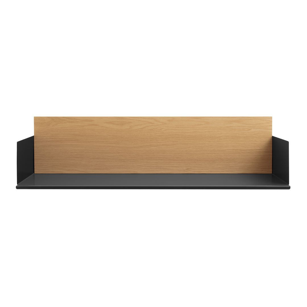 Black and natural wood shelf with a minimalist design, showcasing a sleek blend of colors and clean lines.