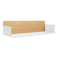 Wooden shelf with a natural oak finish and white accents for a modern, minimalist look.